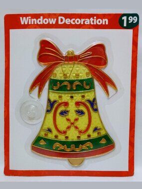 NIP Vintage Christmas Holiday Suncatcher Window Decor Bell Faux Stained Glass